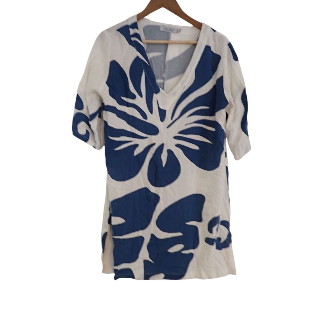 Tybee Island Tunic Dress Medium V-Neck Floral Cover Up White Blue Resort